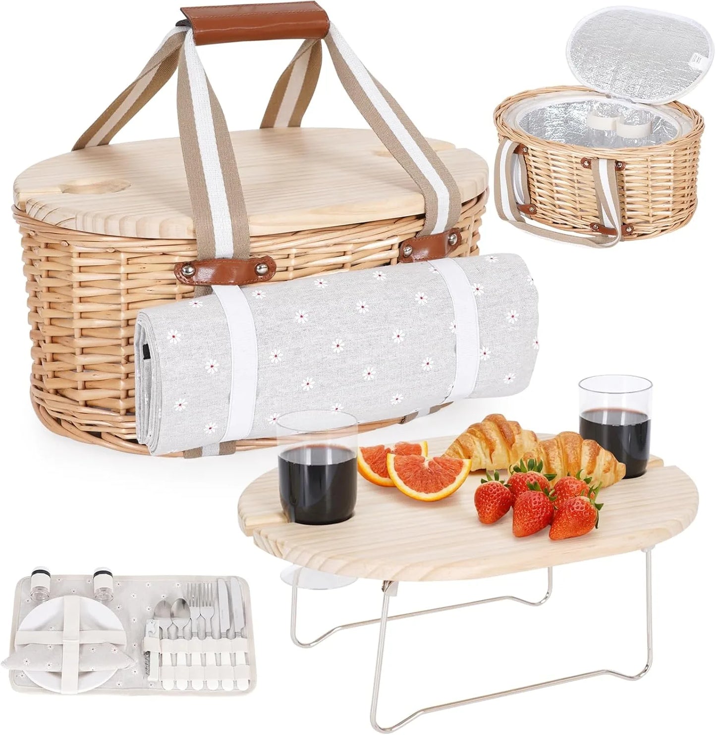 White wicker insulated picnic basket set for two displayed
