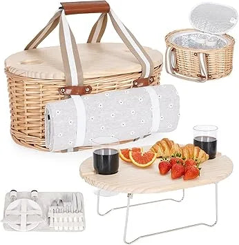 Wicker picnic basket with waterproof blanket and folding wine table