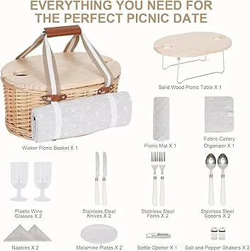 Couple enjoying outdoor picnic with complete basket set and blanket