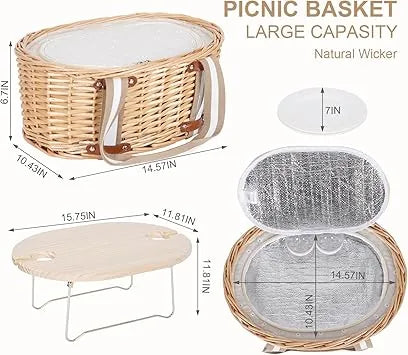 Close-up of wicker weave and insulated interior picnic basket detail