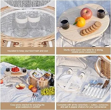 White flower wicker picnic basket with wine glasses and blanket