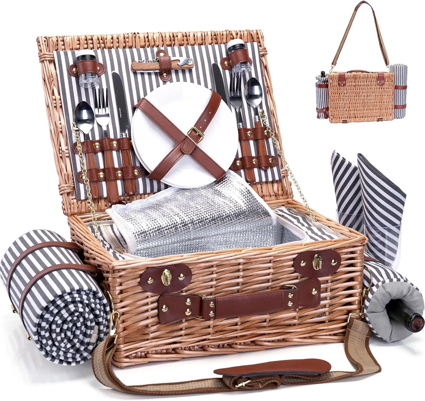 Wicker picnic basket set with blanket and wine pouch for two