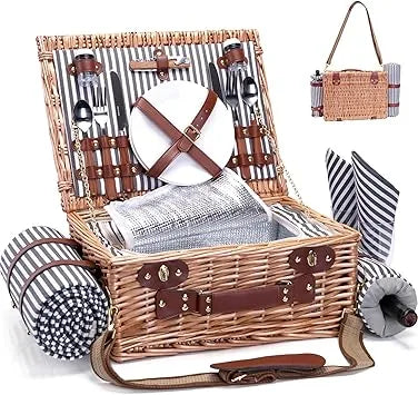 Striped insulated cooler hamper picnic basket shown from side angle detail