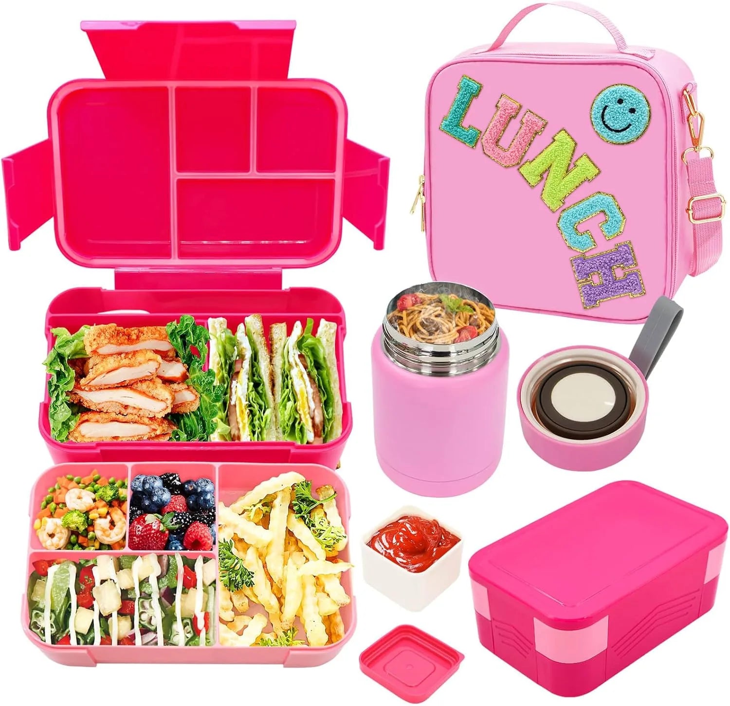 Pink compartment bento lunch box for girls with insulated thermal bag