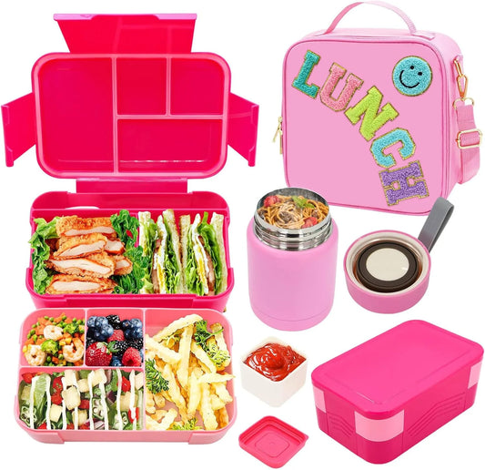 Pink compartment bento lunch box for girls with insulated thermal bag