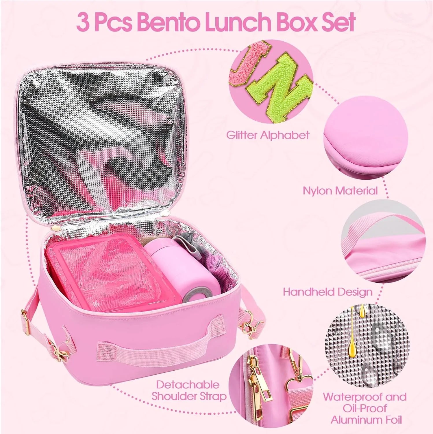 Pink girls lunch box set featuring 6 compartment bento organizer