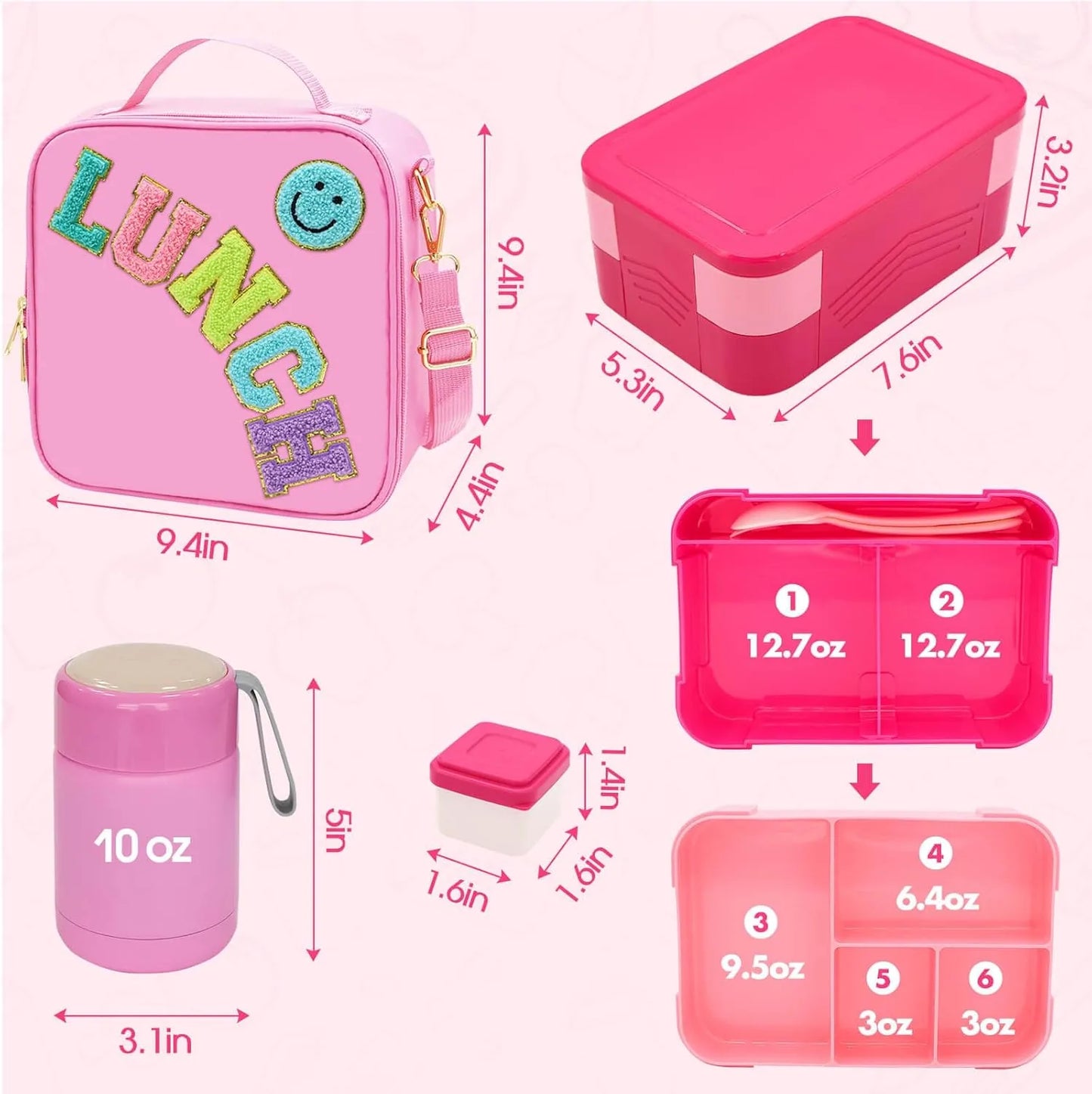 Thermal insulated lunch box pink bento compartments girls teens picnic