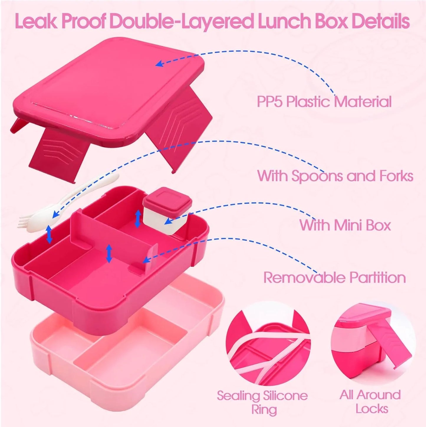 Pink lunch box with 10oz thermo compartments adjustable strap girls school