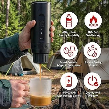 Self-heating portable coffee maker compatible with ground coffee and capsules
