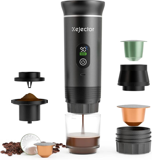 Black portable espresso machine with battery power for travel coffee brewing