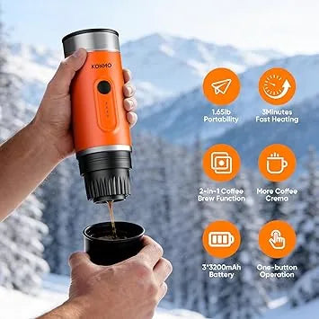 Self-heating portable espresso machine brewing coffee anywhere with capsules