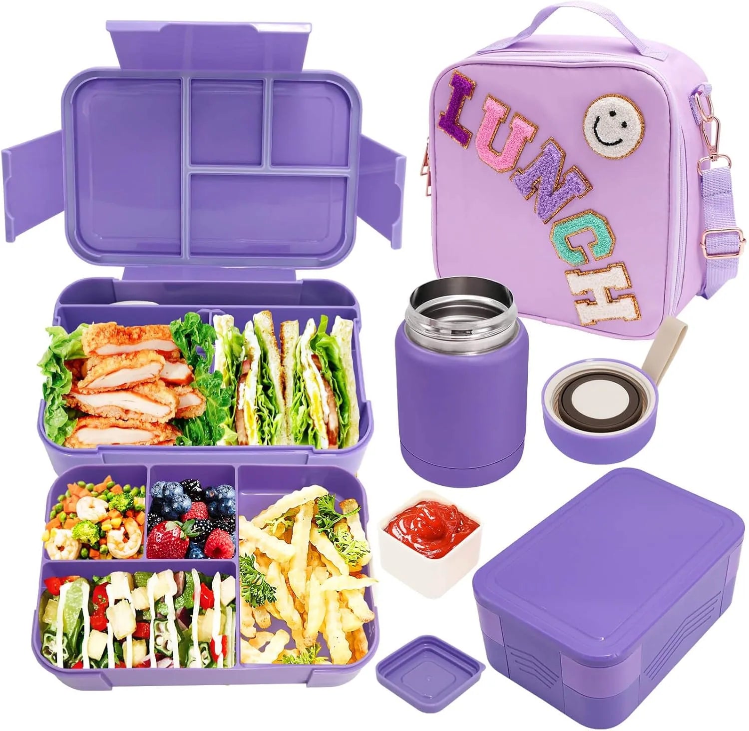 Purple insulated lunch box for girls with 10oz thermos and compartments