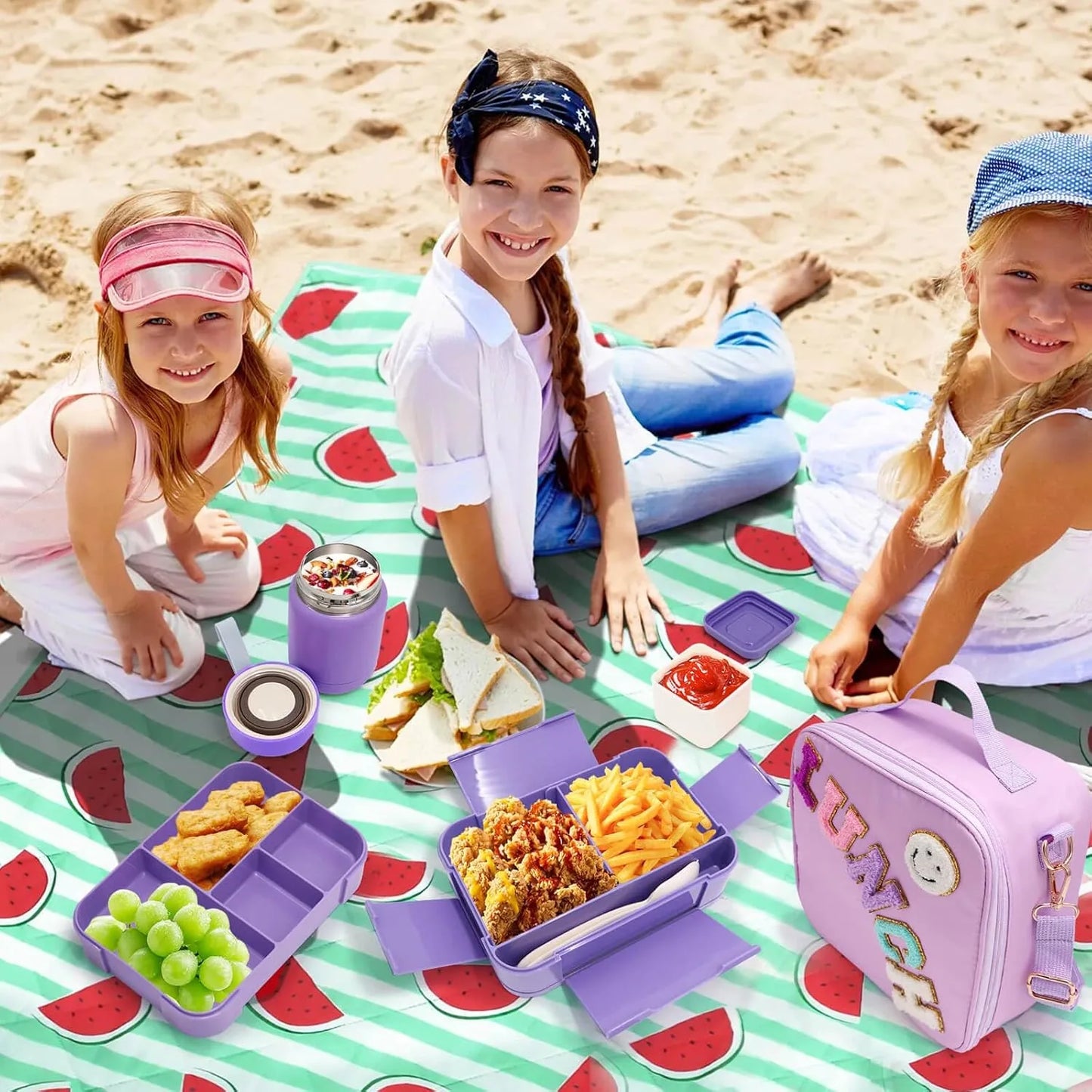 Preppy bento lunch box with adjustable strap for school kids