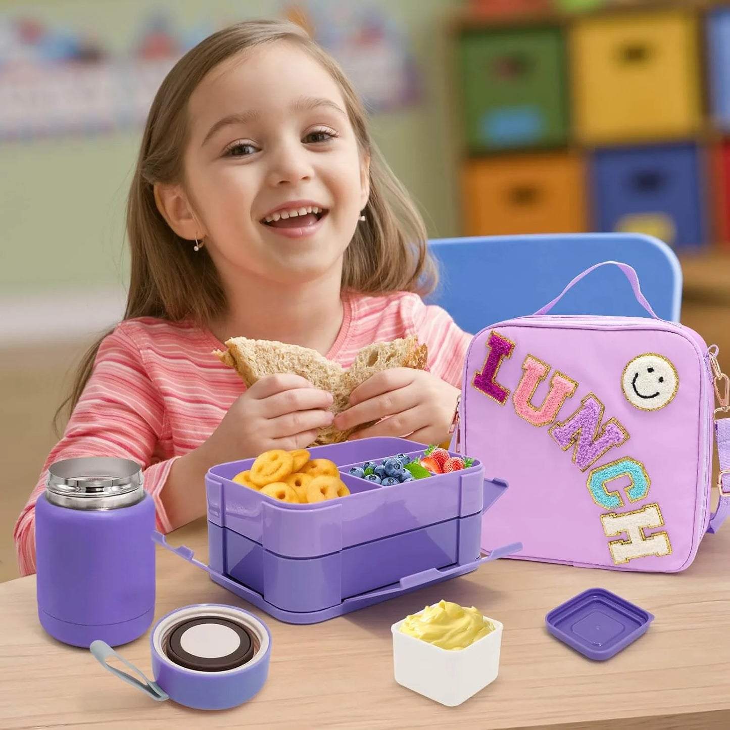 Girl's 6 compartment lunch bag purple nylon insulated thermal carrier