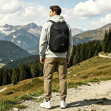 Man wearing insulated cooler backpack on beach during picnic