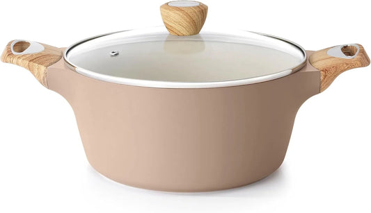 SENSARTE ceramic nonstick stock pot with lid in taupe color