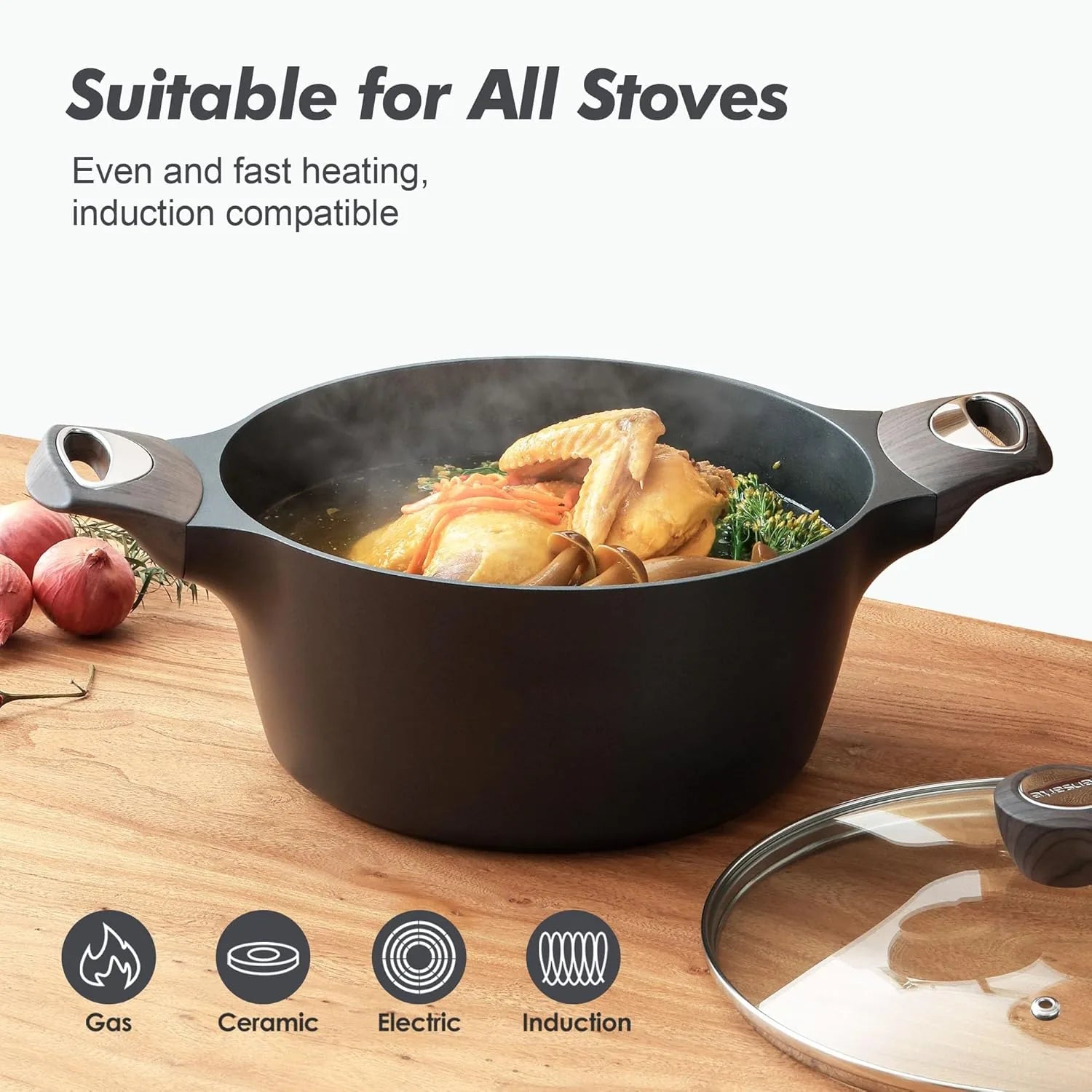Black induction compatible sauce pot ideal for stews and soups