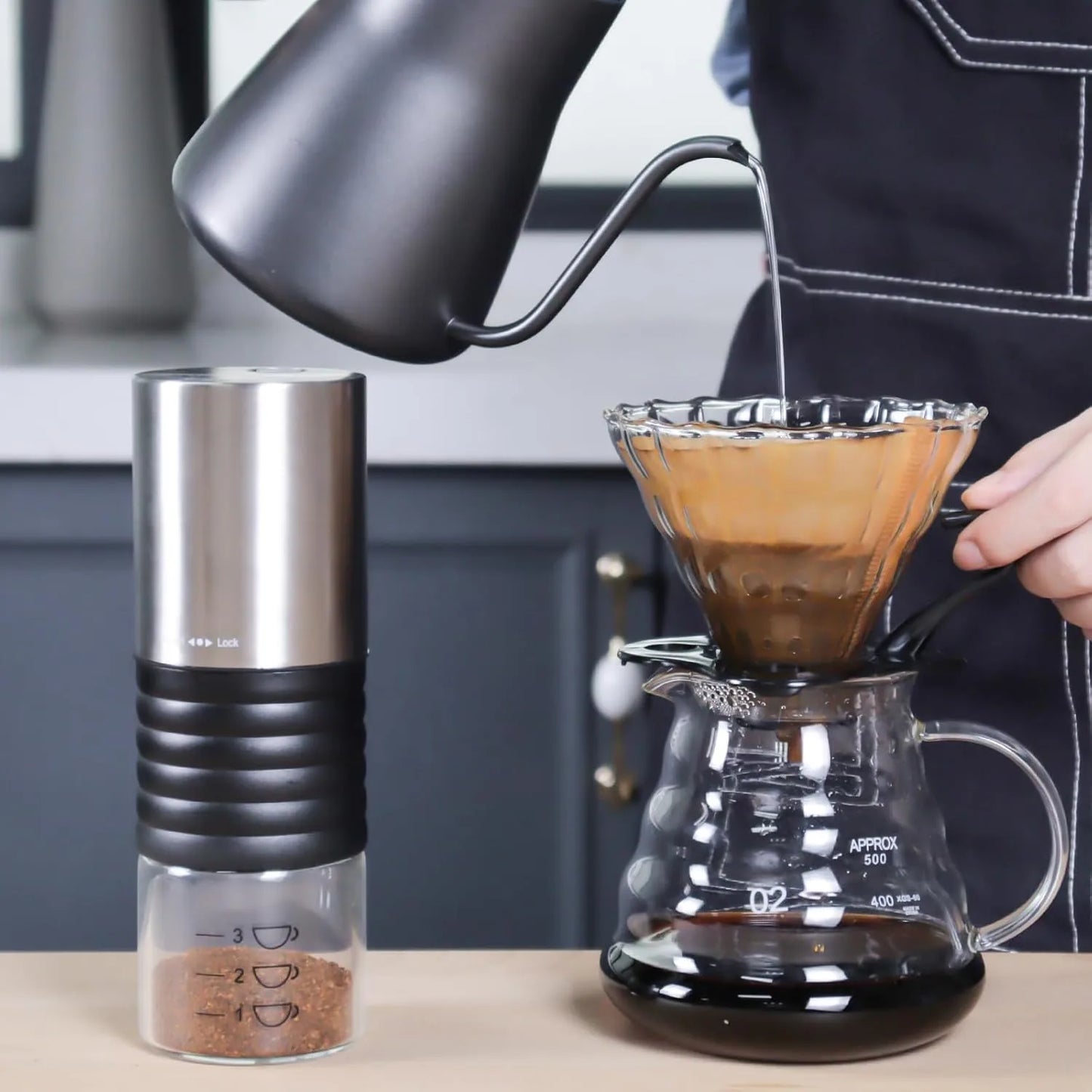 Complete outdoor coffee brewing set including grinder pot and travel bag camping