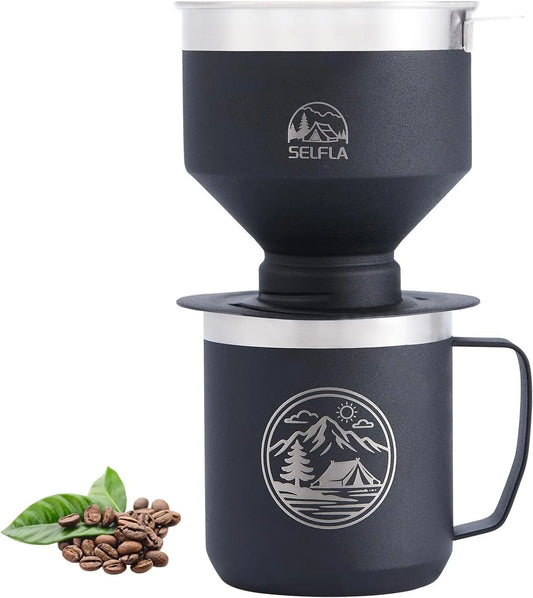 Stainless steel pour over coffee maker set with insulated camping mug outdoors
