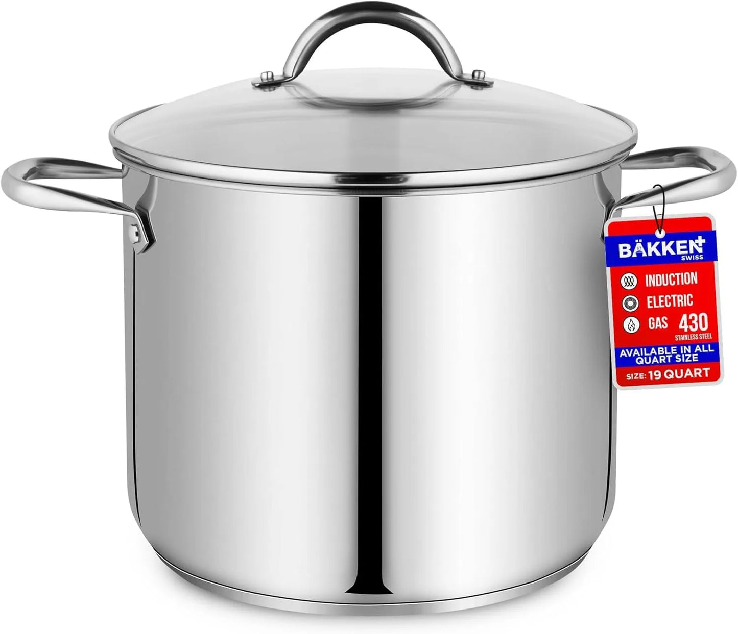 Stainless steel stockpot with tempered glass lid on white background