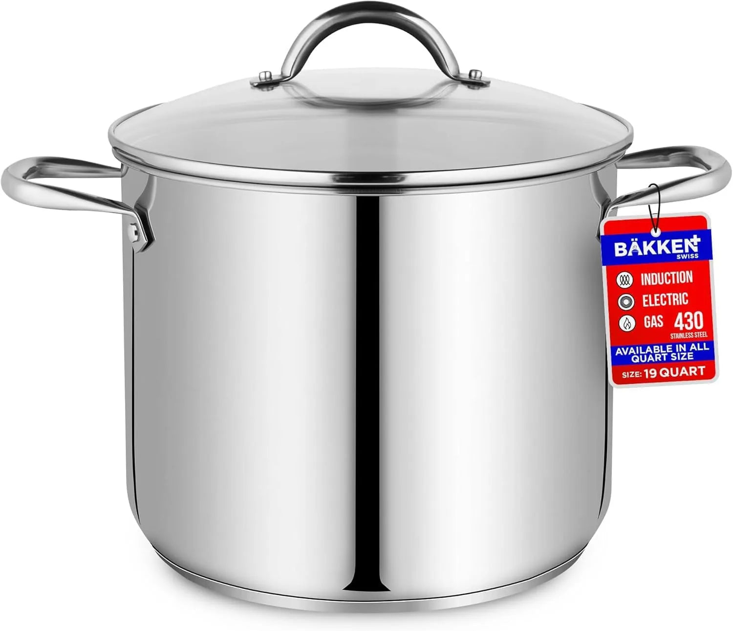 Stainless steel stockpot with tempered glass lid on white background