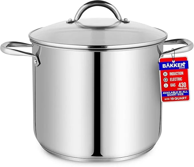Large 19 quart stockpot viewed from side angle showing riveted handles