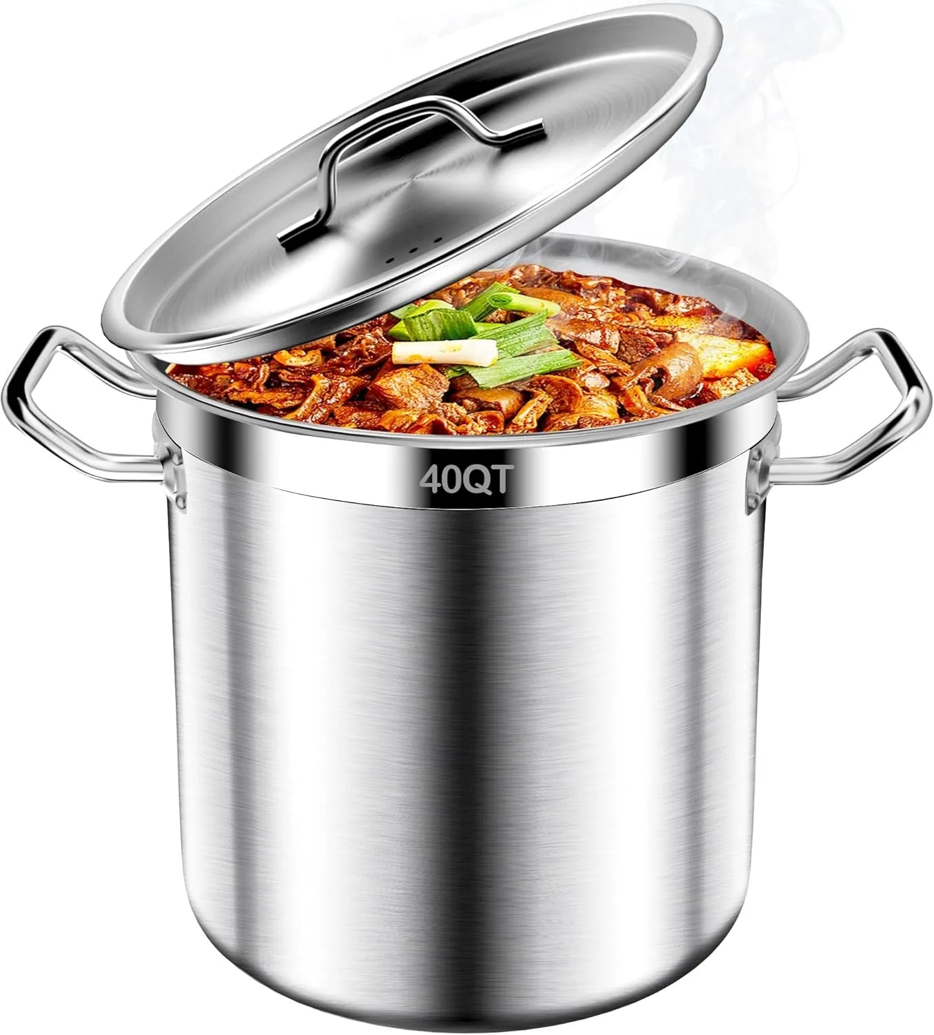 QT stainless steel stockpot with lid on white background