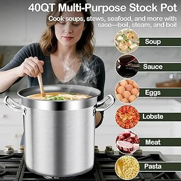 Large stockpot boiling soup and stew in professional kitchen setting