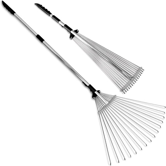 Adjustable metal rake with collapsible telescopic design for garden use