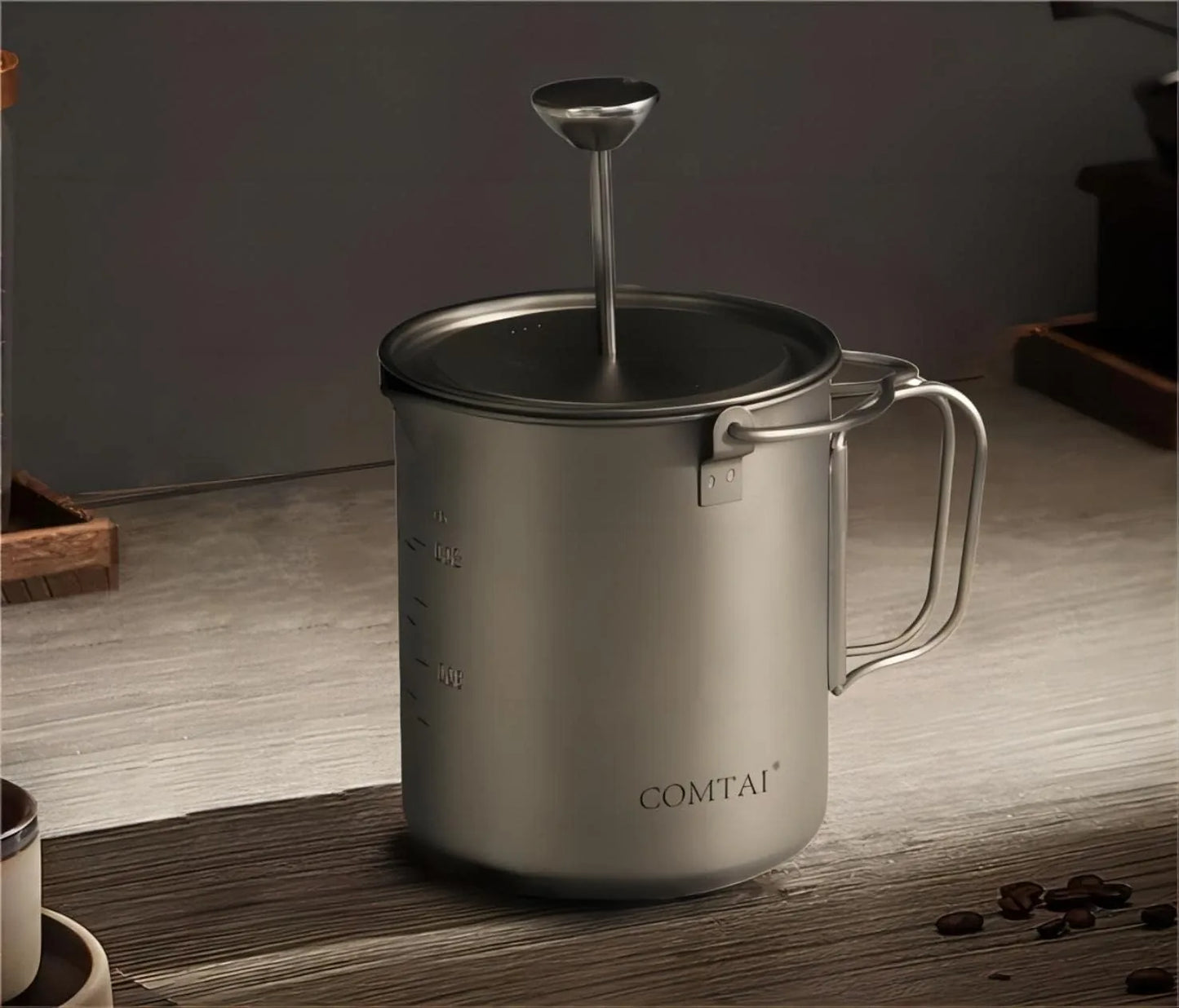 Durable titanium French press with lid and filter for backpacking adventures