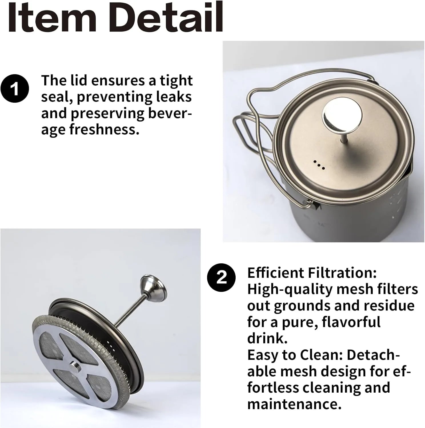 Titanium French press pot camping coffee maker with integrated lid and filter