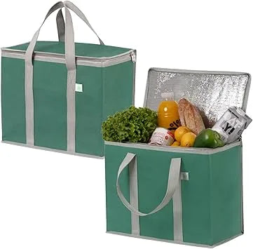Green reusable shopping bag side angle showing zippered closure and foldable design