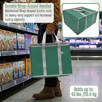 Folded reusable shopping bag demonstrating compact storage and space-saving design feature