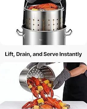 Stainless steel stock pot strainer basket and matching lid detail view