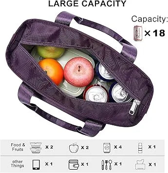 Woman carrying insulated lunch box to work, removable shoulder strap visible