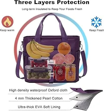 Extra large lunch tote bag displayed next to water bottle for size reference