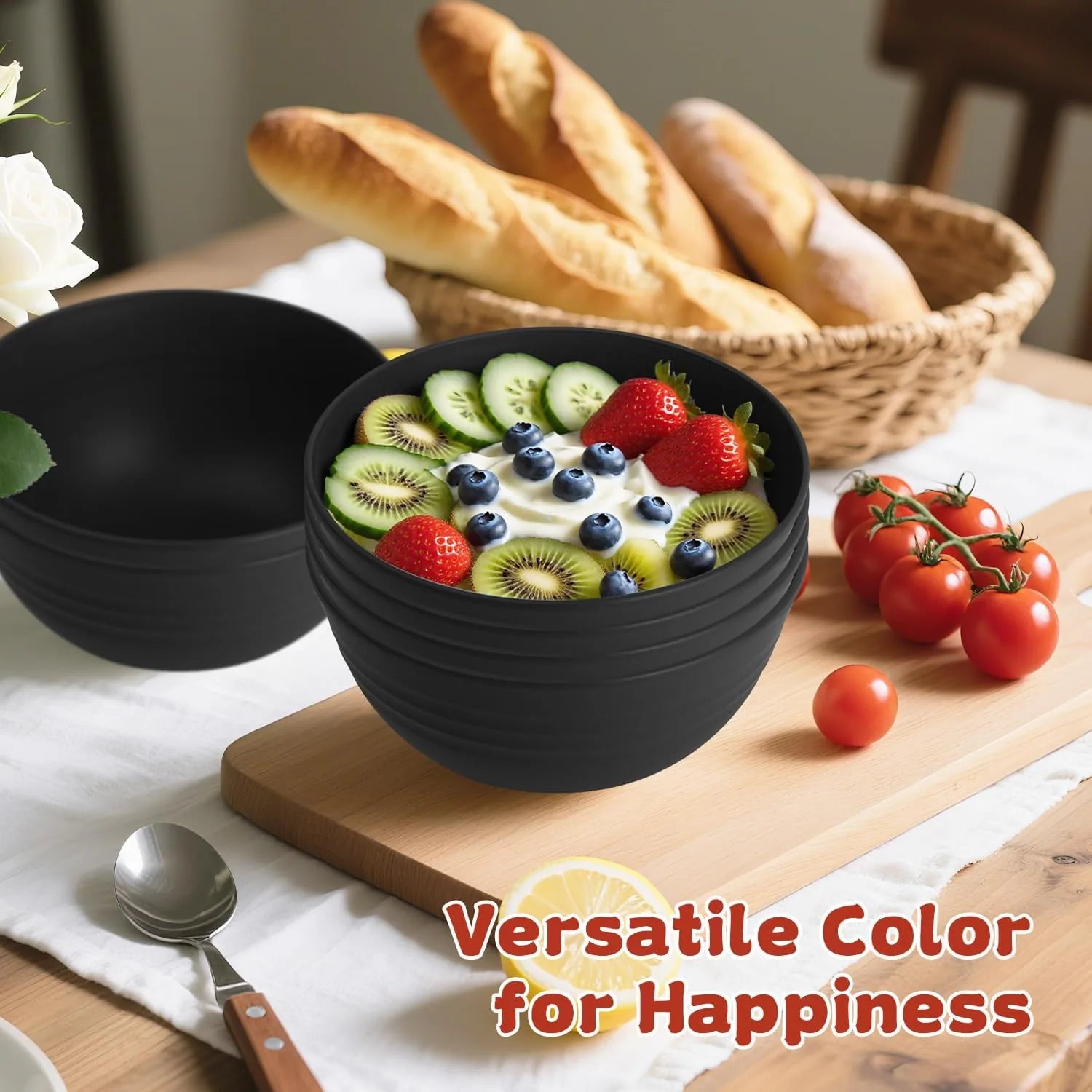 Durable wheat straw breakfast bowls for cereal and salad servings