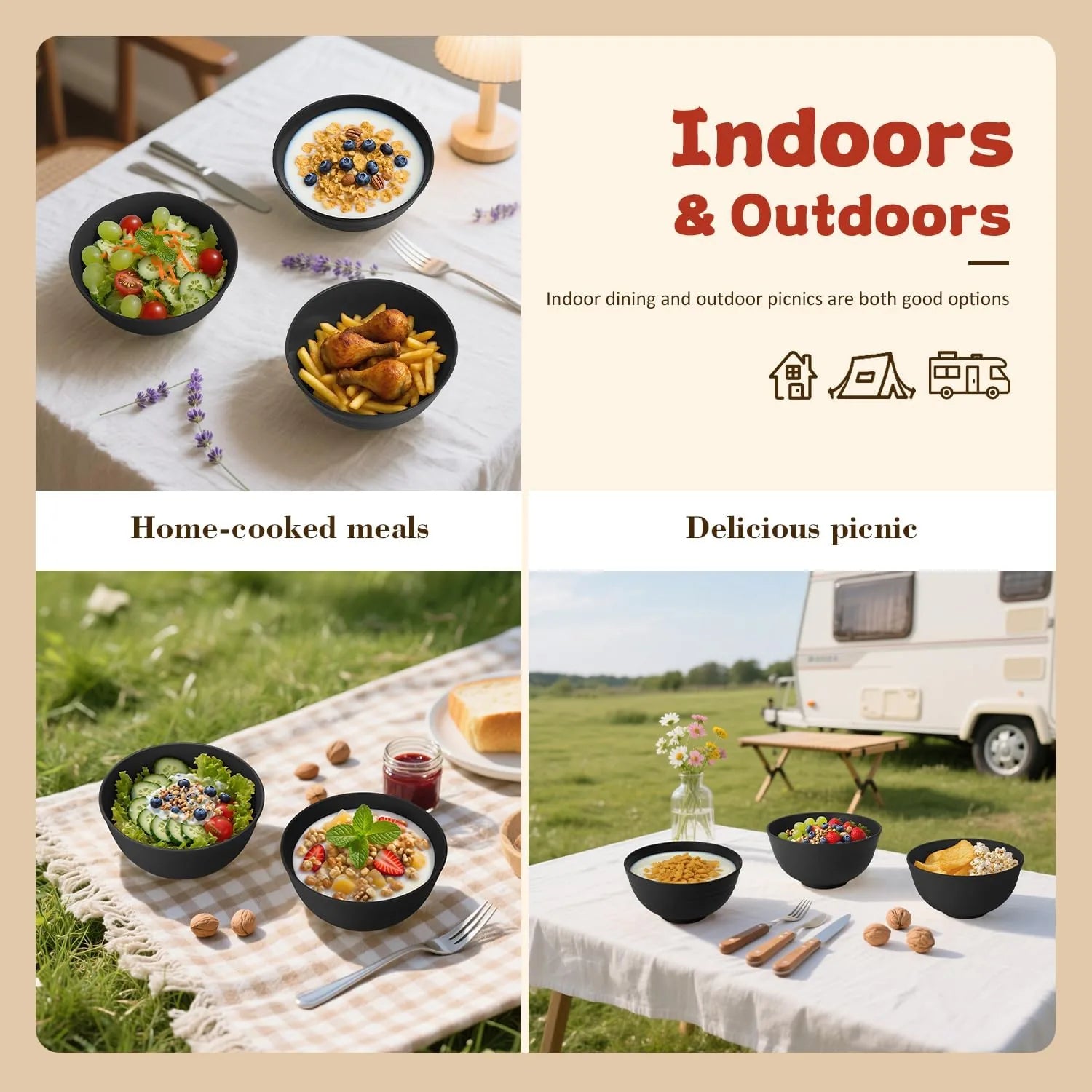 Six-piece unbreakable outdoor bowls made from eco-friendly wheat straw material