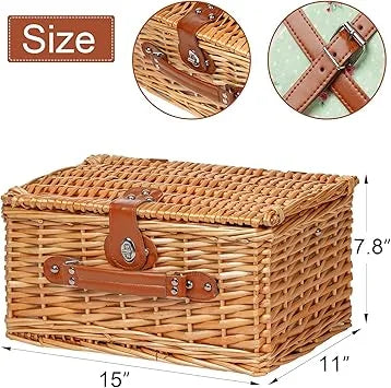 Picnic basket for 2 displayed with included cutlery and utensils