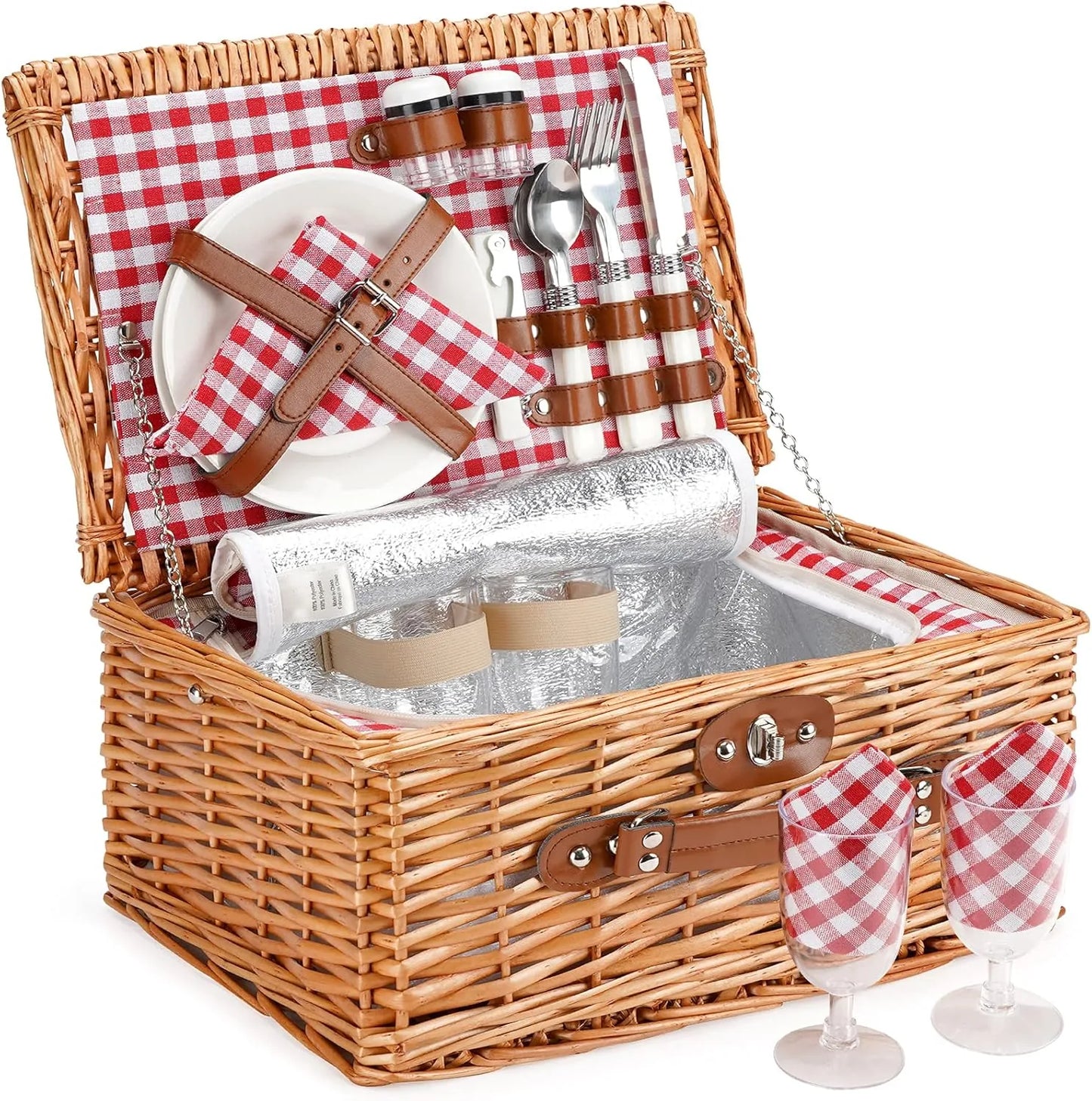 Wicker picnic basket for two person with red check pattern and utensils