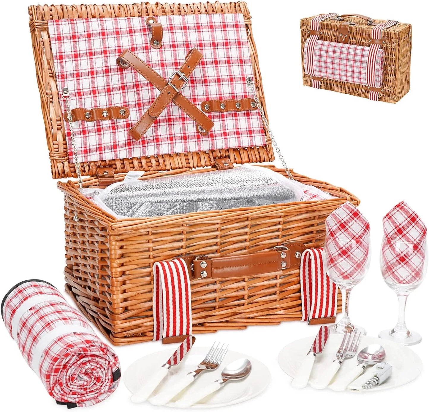 Red wicker picnic basket for 2 with insulated cooler compartment