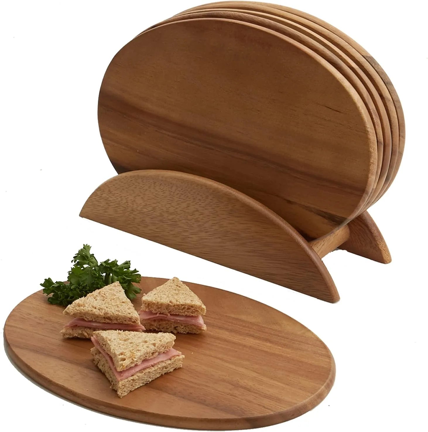 Woodard Charles acacia wood serving boards with metal stand display