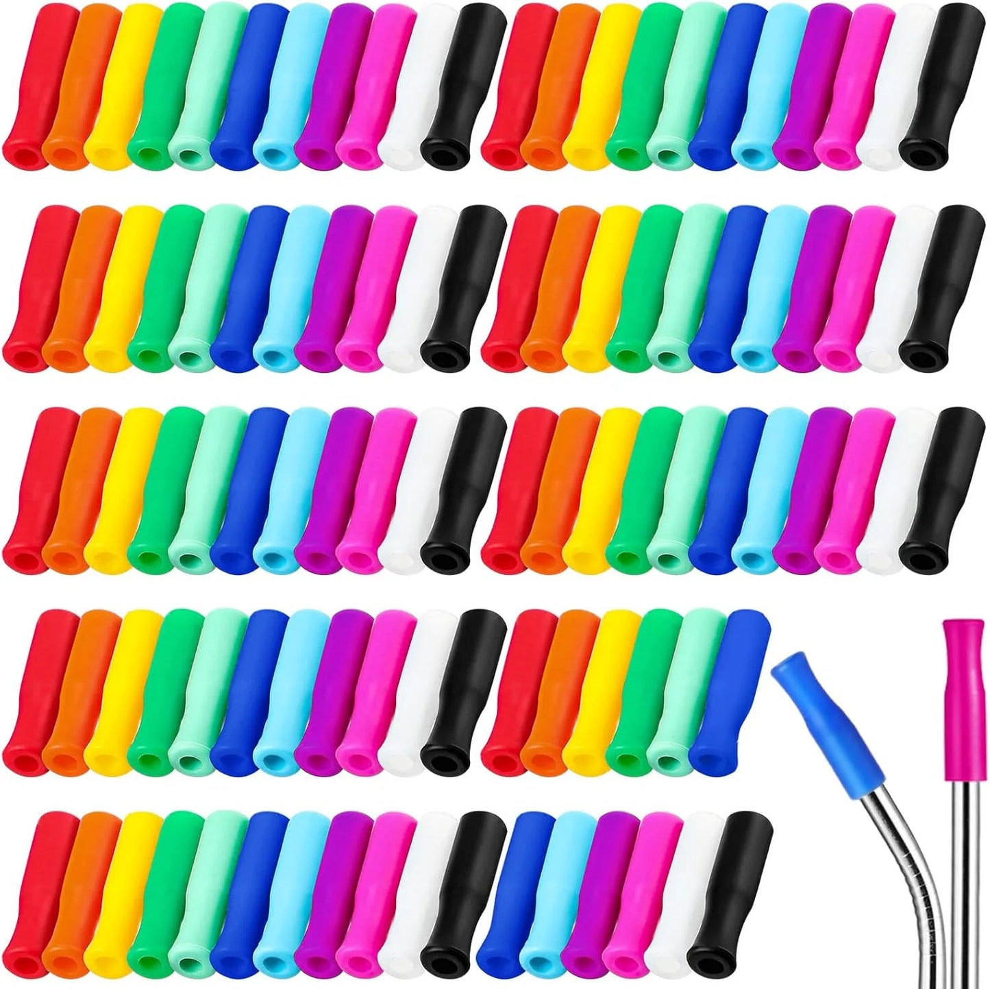 Colorful silicone straw tips for reusable metal straws in assorted colors