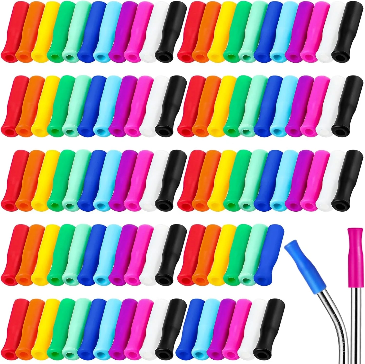 Colorful silicone straw tips for reusable metal straws in assorted colors