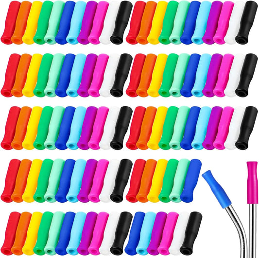 Colorful silicone straw tips for reusable metal straws in assorted colors