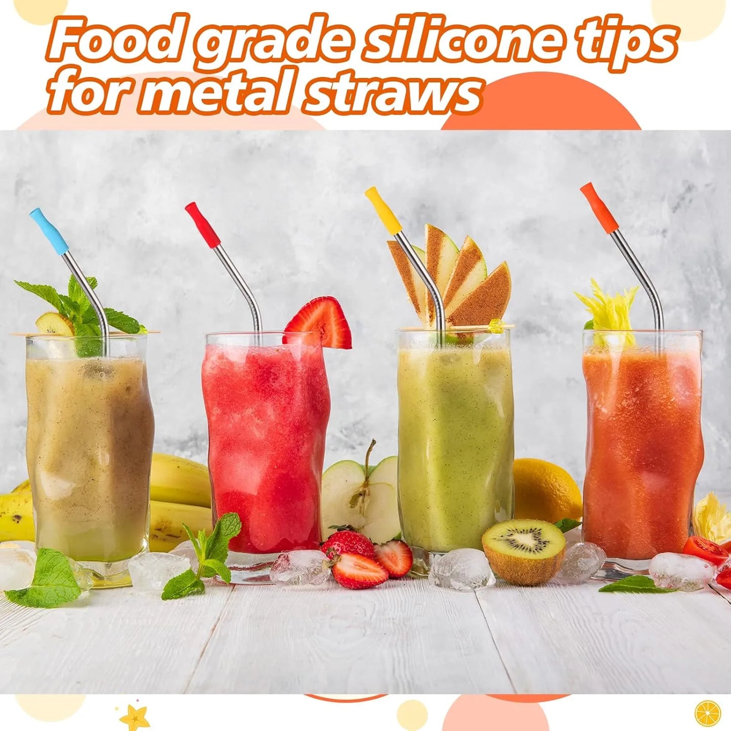 Multicolored silicone straw covers with protective tips for eco-friendly drinking straws