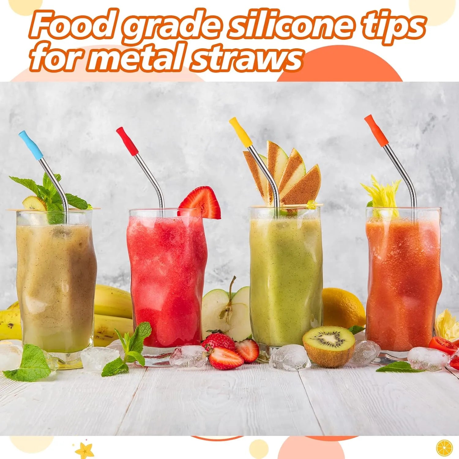 Multicolored silicone straw covers with protective tips for eco-friendly drinking straws