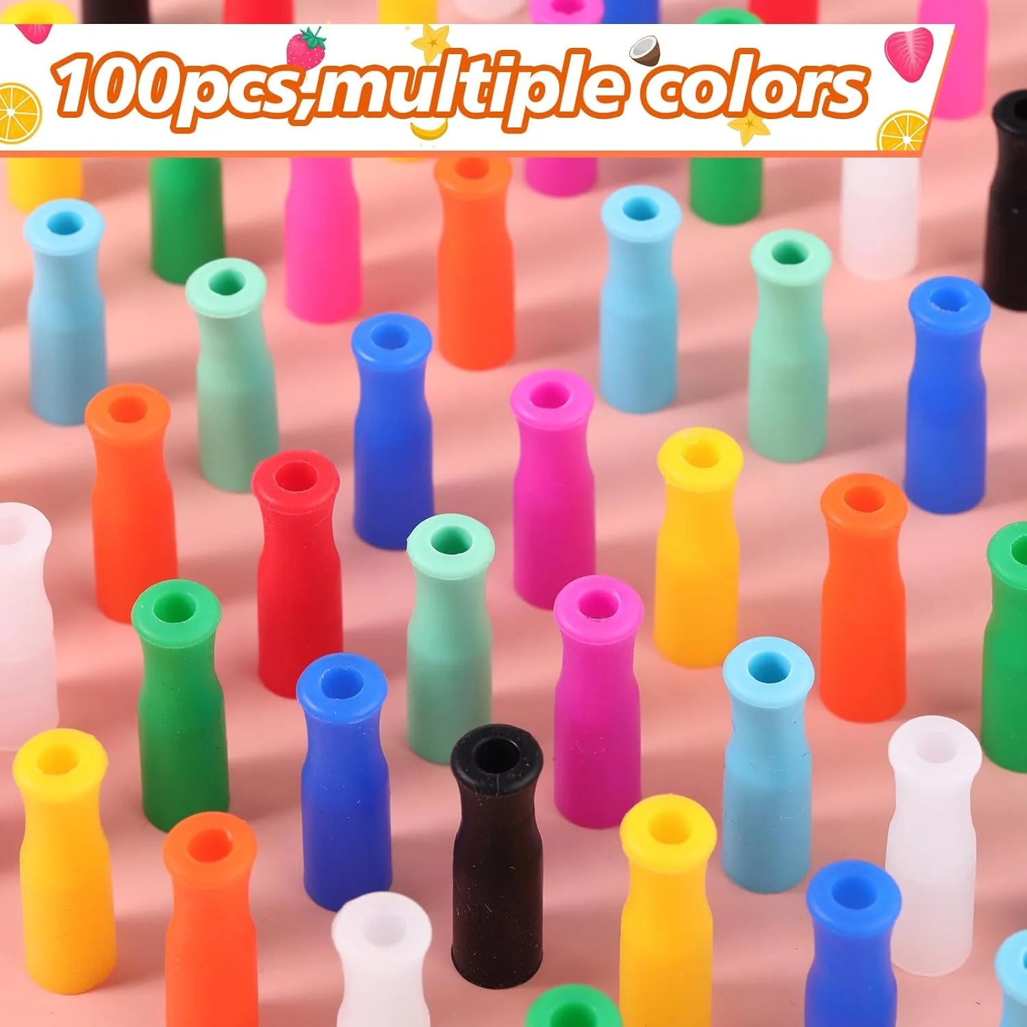 Reusable silicone straw covers with multicolored protective tips for stainless steel straws