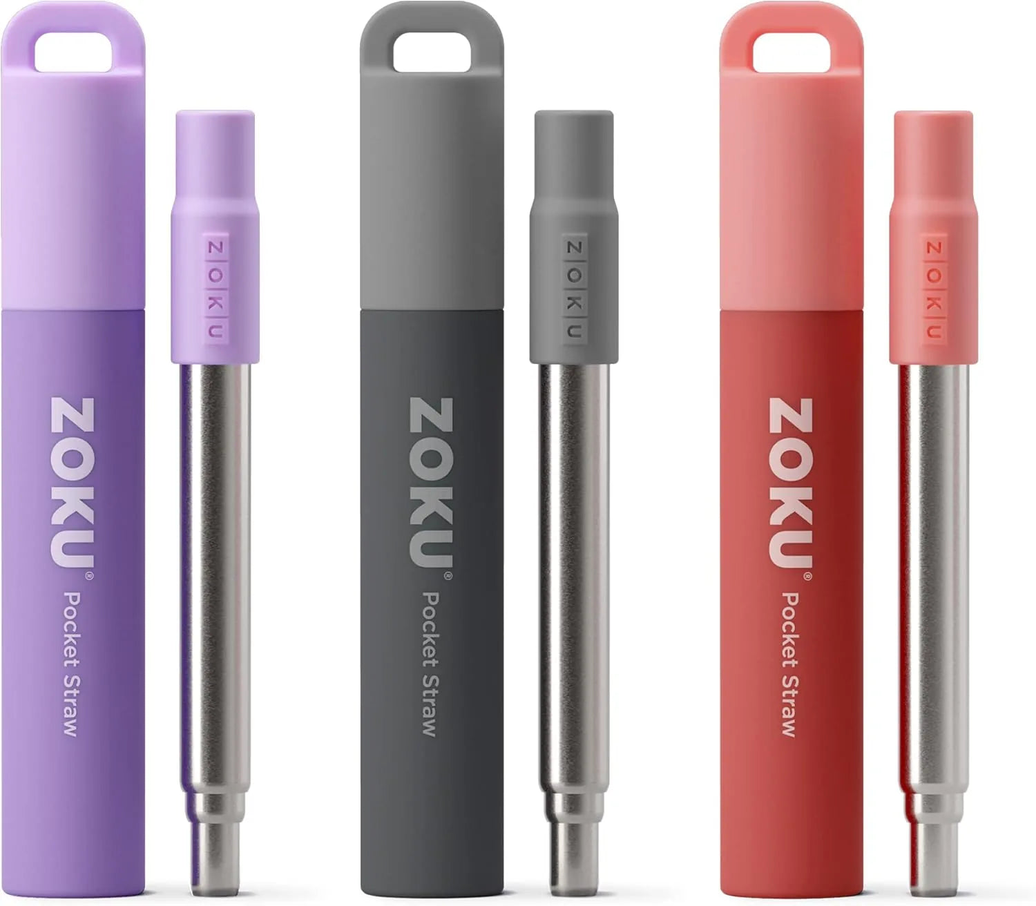 ZOKU collapsible metal straws in purple, grey, red with travel case