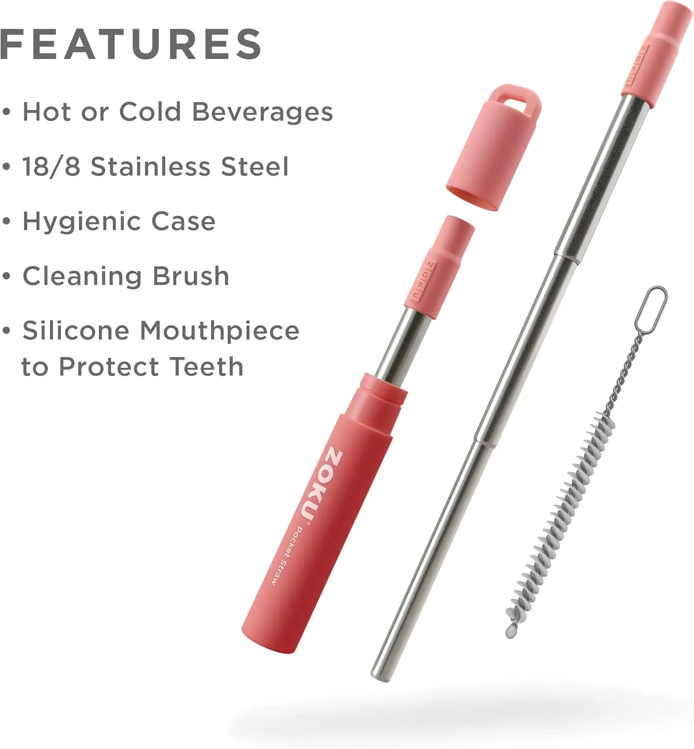 Reusable stainless steel drinking straws with silicone tips and cleaning brushes